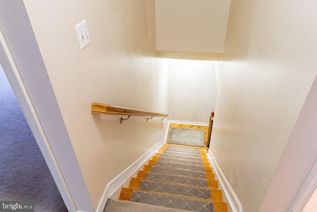 stairway featuring baseboards and carpet