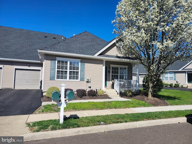 view of front of house with roof with shingles, a porch, a garage, and aphalt driveway