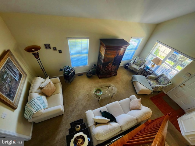 living area featuring carpet floors, a wealth of natural light, and baseboards