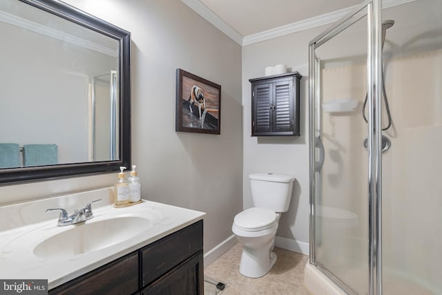 full bathroom featuring a stall shower, toilet, vanity, and crown molding