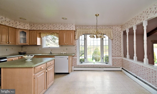745 Champlain Dr, King Of Prussia, PA 19406 - kitchen with a notable chandelier, white dishwasher, baseboard heating, wallpapered walls, and light floors