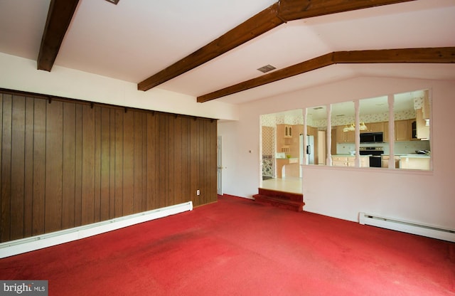 745 Champlain Dr, King Of Prussia, PA 19406 - unfurnished living room featuring a baseboard heating unit, lofted ceiling with beams, visible vents, and carpet floors