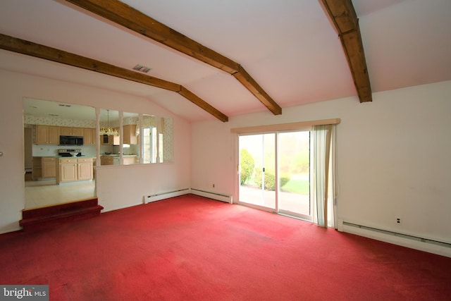 745 Champlain Dr, King Of Prussia, PA 19406 - unfurnished living room with carpet flooring, visible vents, a baseboard heating unit, and vaulted ceiling with beams
