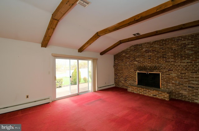 745 Champlain Dr, King Of Prussia, PA 19406 - unfurnished living room with a baseboard radiator, carpet flooring, lofted ceiling with beams, and visible vents