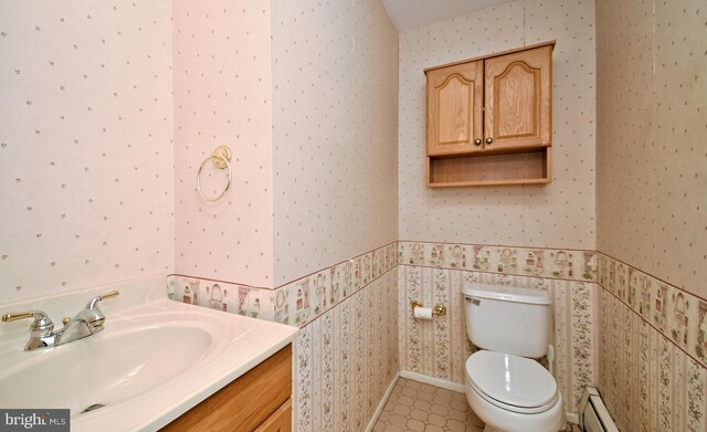 745 Champlain Dr, King Of Prussia, PA 19406 - half bathroom with baseboard heating, wallpapered walls, and toilet