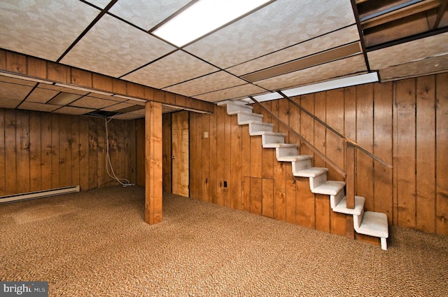 745 Champlain Dr, King Of Prussia, PA 19406 - finished below grade area featuring wooden walls, carpet floors, stairs, and baseboard heating