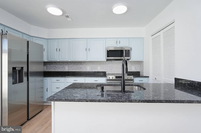 kitchen with appliances with stainless steel finishes, dark stone counters, decorative backsplash, and a sink