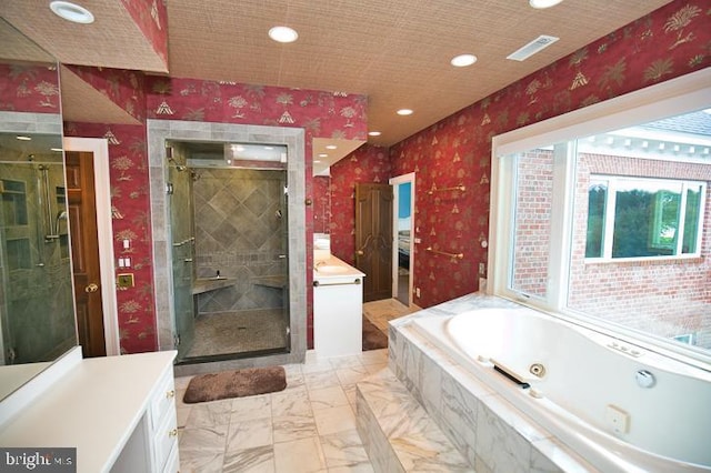 712 Riverside Pines Ct, Salisbury, MD 21801 - bathroom featuring vanity, wallpapered walls, a stall shower, a whirlpool tub, and recessed lighting