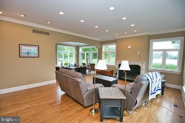 712 Riverside Pines Ct, Salisbury, MD 21801 - living area with crown molding, baseboards, arched walkways, light wood-style flooring, and recessed lighting