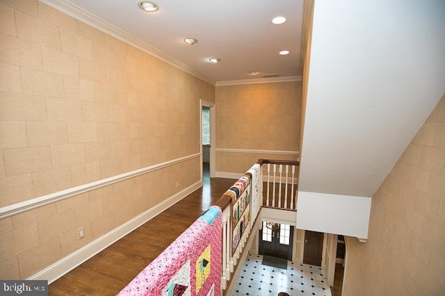712 Riverside Pines Ct, Salisbury, MD 21801 - corridor featuring crown molding, recessed lighting, wood finished floors, tile walls, and baseboards