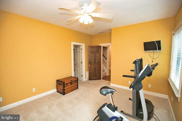 712 Riverside Pines Ct, Salisbury, MD 21801 - workout room featuring a ceiling fan, carpet floors, and plenty of natural light
