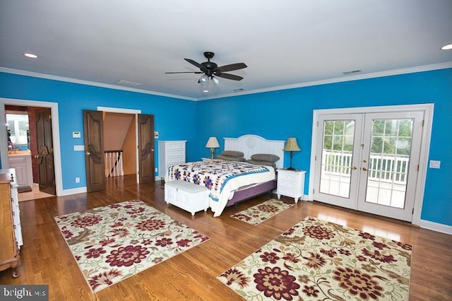 712 Riverside Pines Ct, Salisbury, MD 21801 - bedroom featuring french doors, access to exterior, wood finished floors, baseboards, and crown molding