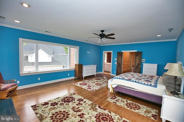 712 Riverside Pines Ct, Salisbury, MD 21801 - bedroom featuring ornamental molding, wood finished floors, baseboards, recessed lighting, and a ceiling fan