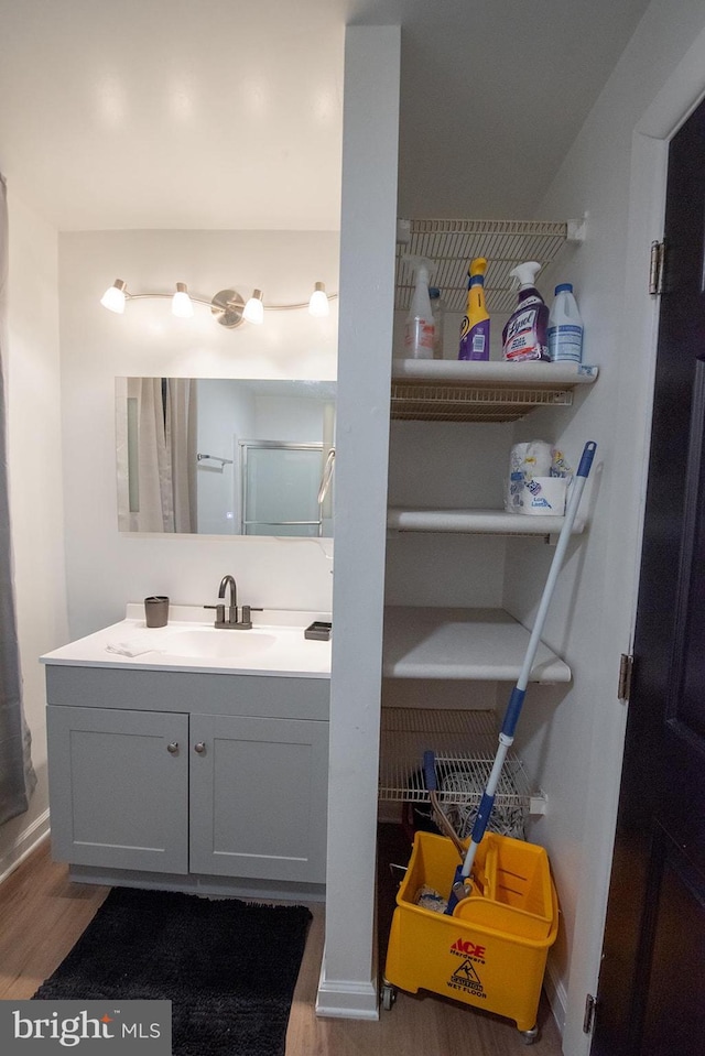 bathroom featuring vanity and wood finished floors
