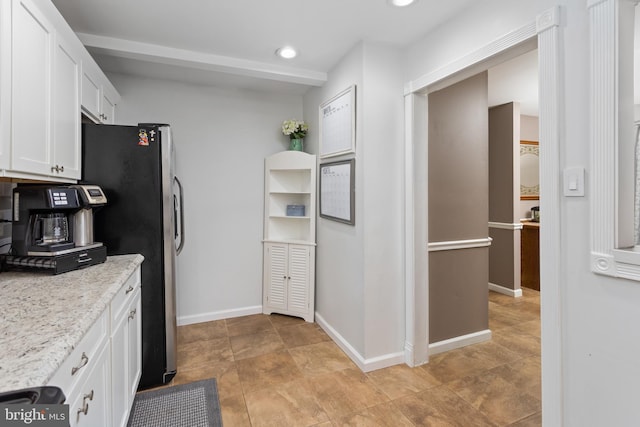 14 Cedar Ct, Flemington, NJ 08822 - kitchen with white cabinetry, light countertops, baseboards, recessed lighting, and freestanding refrigerator
