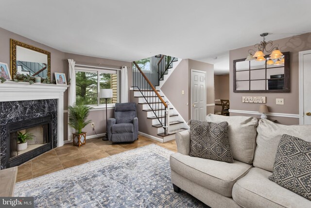 14 Cedar Ct, Flemington, NJ 08822 - living area featuring stairway, a chandelier, a premium fireplace, and baseboards
