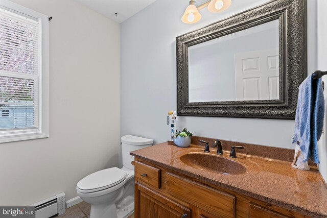 132 Heatherington Ct, Lanoka Harbor, NJ 08734 - half bathroom with vanity, baseboard heating, toilet, tile patterned floors, and baseboards