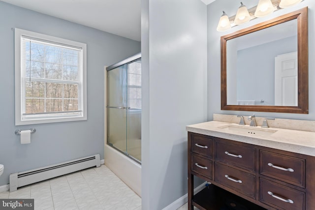 132 Heatherington Ct, Lanoka Harbor, NJ 08734 - full bathroom featuring baseboards, combined bath / shower with glass door, toilet, baseboard heating, and vanity