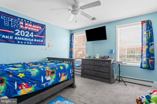 132 Heatherington Ct, Lanoka Harbor, NJ 08734 - carpeted bedroom featuring visible vents, a ceiling fan, and baseboard heating