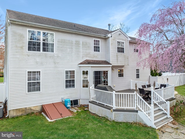 132 Heatherington Ct, Lanoka Harbor, NJ 08734 - back of property featuring roof with shingles, central AC unit, a wooden deck, fence, and a lawn