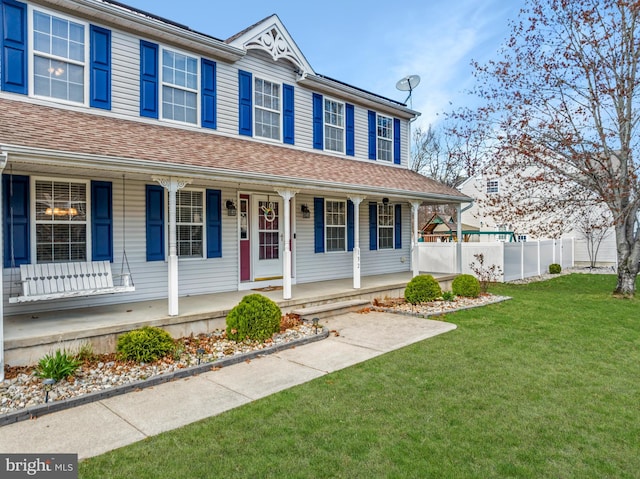 132 Heatherington Ct, Lanoka Harbor, NJ 08734 - view of front of house with roof with shingles, covered porch, a front yard, and fence