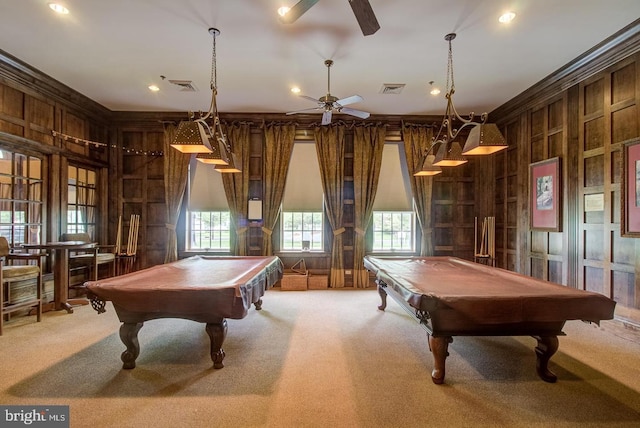 game room featuring visible vents, billiards, a ceiling fan, and light carpet