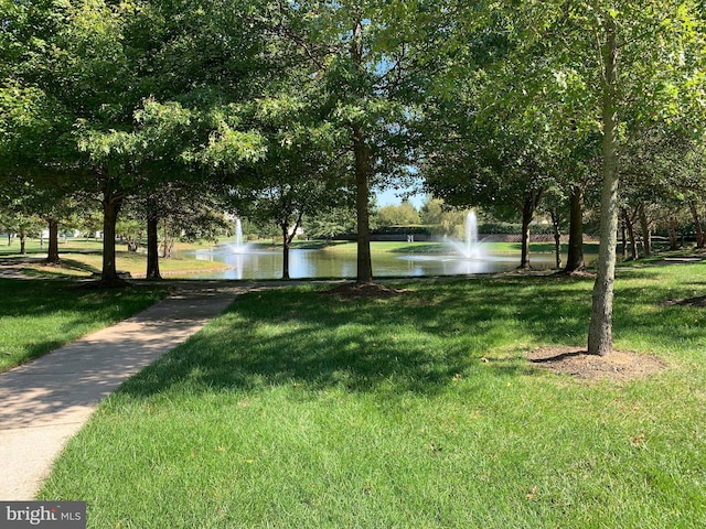 view of community featuring a water view and a lawn