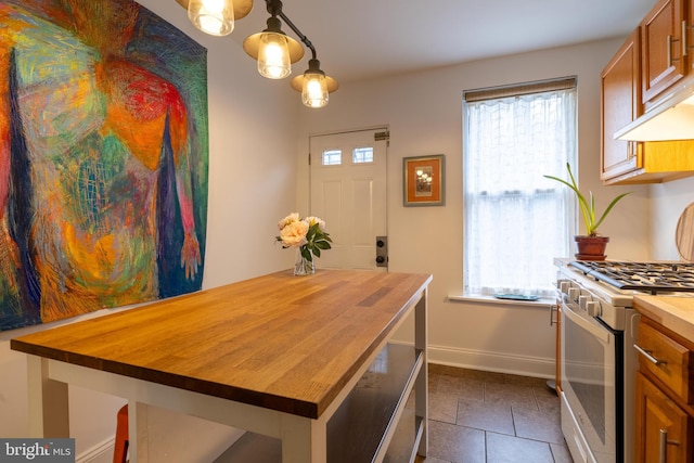 dining area featuring baseboards, dark tile patterned floors, and plenty of natural light