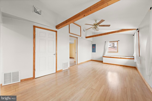 unfurnished living room featuring light wood-style flooring, vaulted ceiling with beams, a ceiling fan, and visible vents