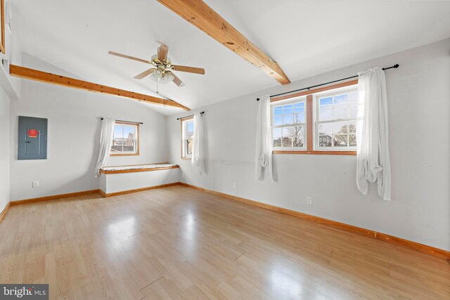 empty room featuring electric panel, ceiling fan, a healthy amount of sunlight, and lofted ceiling with beams