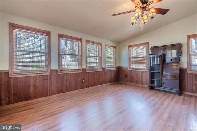 spare room featuring a wealth of natural light, wooden walls, a wainscoted wall, and lofted ceiling