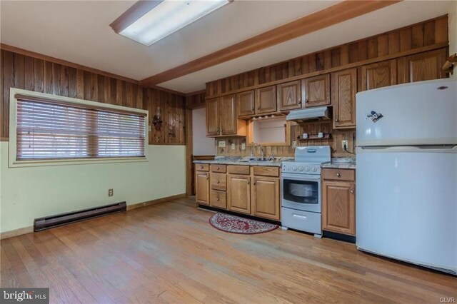 kitchen featuring a sink, a baseboard radiator, white appliances, light wood-style floors, and under cabinet range hood