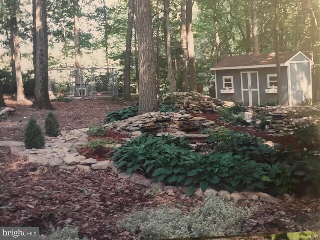 view of yard featuring an outdoor structure and a storage unit