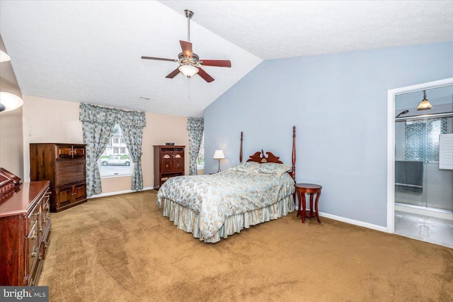 bedroom with baseboards, a ceiling fan, light colored carpet, and lofted ceiling