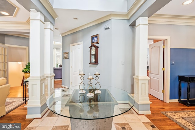 709 Pilot House Dr, Annapolis, MD 21401 - corridor featuring recessed lighting, baseboards, ornamental molding, and ornate columns