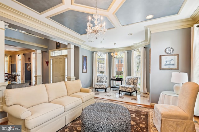 709 Pilot House Dr, Annapolis, MD 21401 - living room featuring decorative columns, an inviting chandelier, coffered ceiling, and crown molding