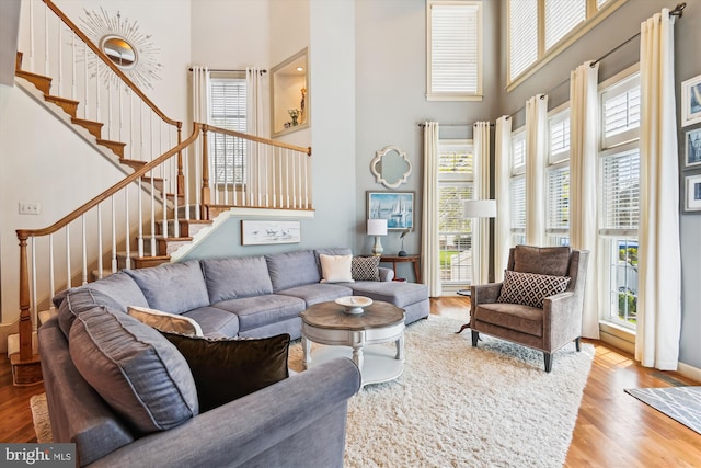 709 Pilot House Dr, Annapolis, MD 21401 - living area featuring a high ceiling, a healthy amount of sunlight, and wood finished floors