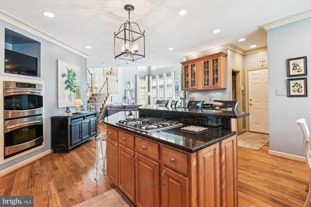 709 Pilot House Dr, Annapolis, MD 21401 - kitchen with stainless steel appliances, light wood-style floors, glass insert cabinets, dark stone counters, and brown cabinetry