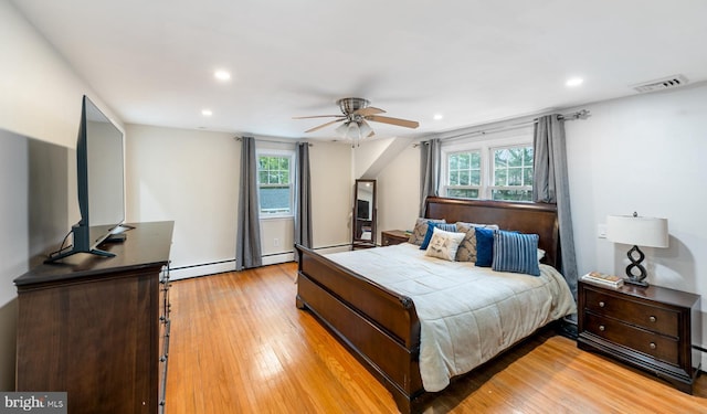 bedroom featuring a baseboard radiator, light wood-style flooring, visible vents, and recessed lighting