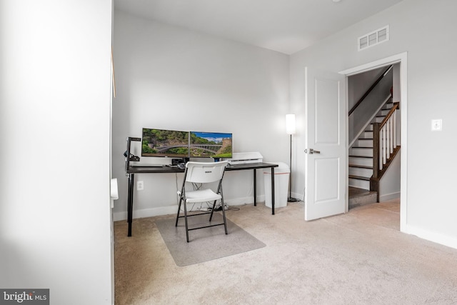 home office featuring baseboards, visible vents, and carpet floors