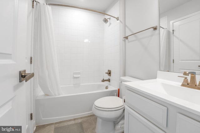 bathroom featuring tile patterned flooring, toilet, shower / bathtub combination with curtain, and vanity