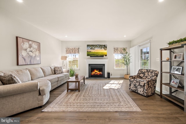 living room featuring a warm lit fireplace, recessed lighting, wood finished floors, and a healthy amount of sunlight