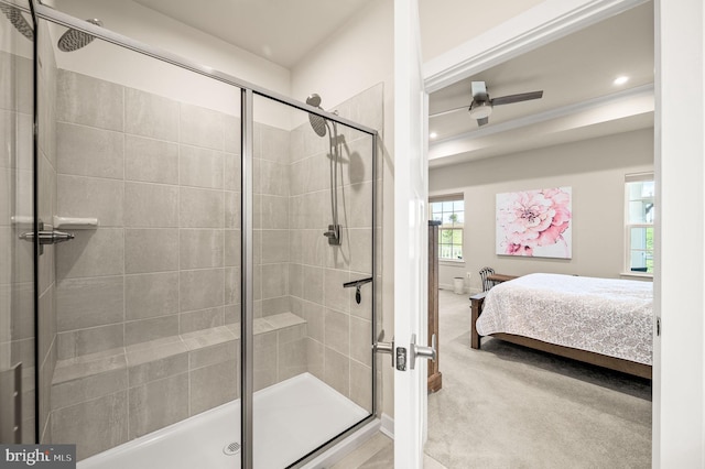full bath featuring recessed lighting, a stall shower, and connected bathroom