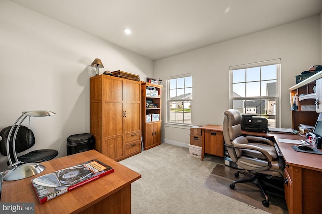 office featuring light carpet, baseboards, and recessed lighting