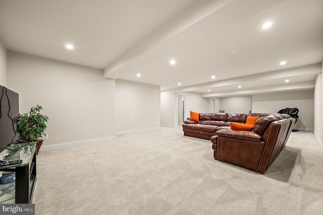 living room featuring light carpet, recessed lighting, and baseboards