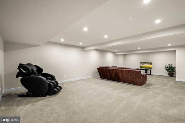 living room with baseboards, recessed lighting, and light colored carpet