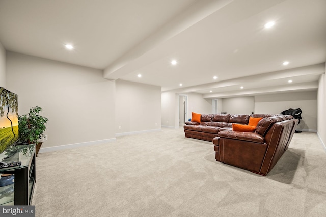 living room featuring light carpet, baseboards, and recessed lighting