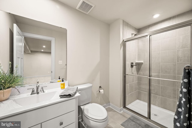 full bath featuring vanity, tile patterned floors, toilet, a shower stall, and visible vents
