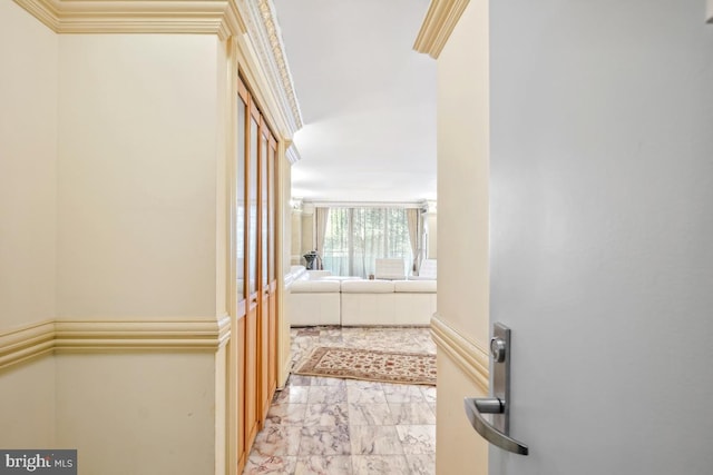 hallway with marble finish floor