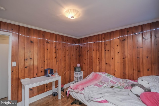 205 Polk Ave, Front Royal, VA 22630 - bedroom with wood finished floors, ornamental molding, and wooden walls